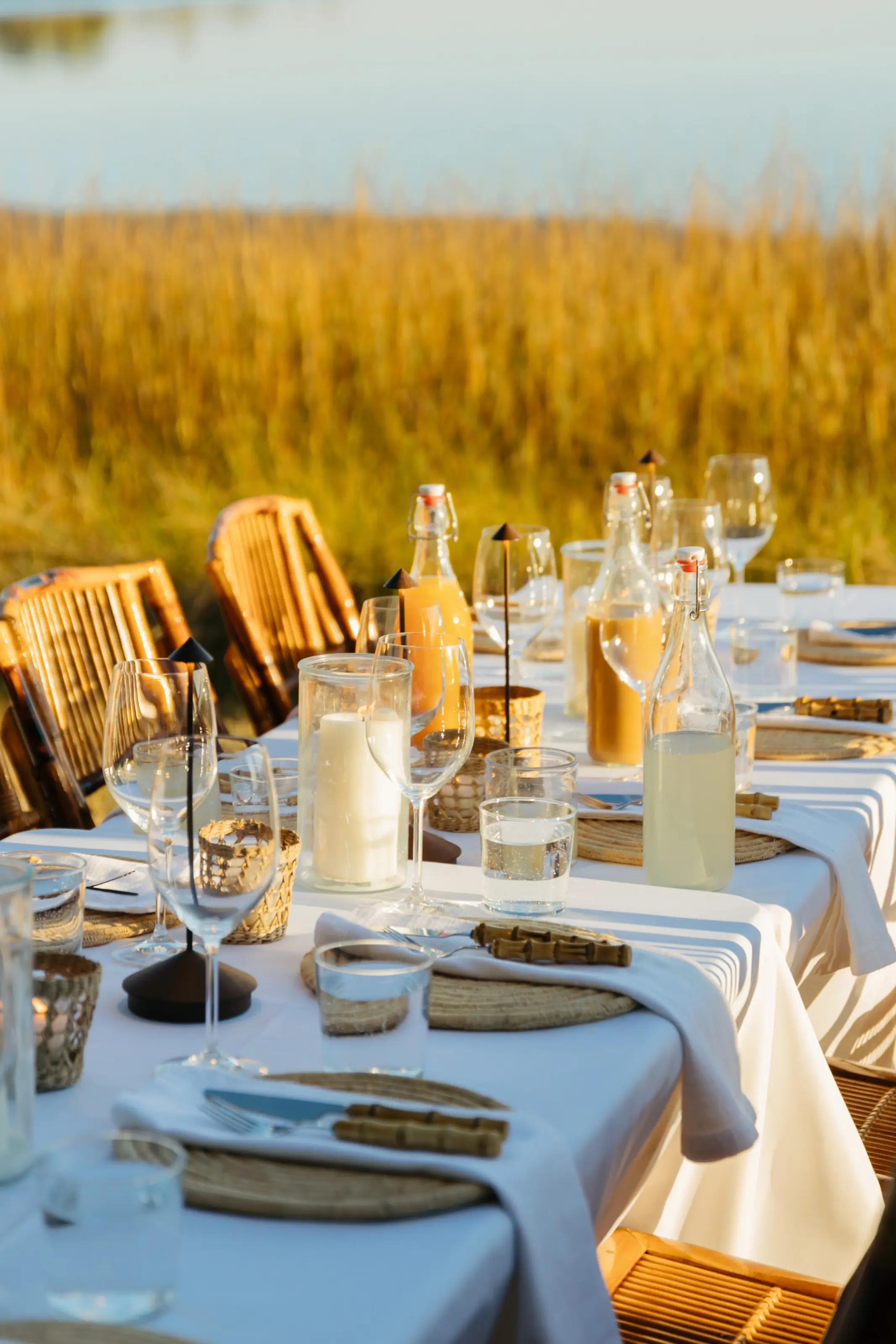 The table at dusk with the candles lit.